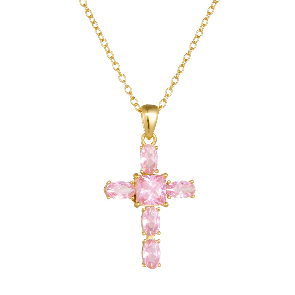 Original Luxury Fashion Trendy Female Jewelry 925 Sterling Silver Jewellery Pink Cubic Zirconia Cross Pendant Necklaces