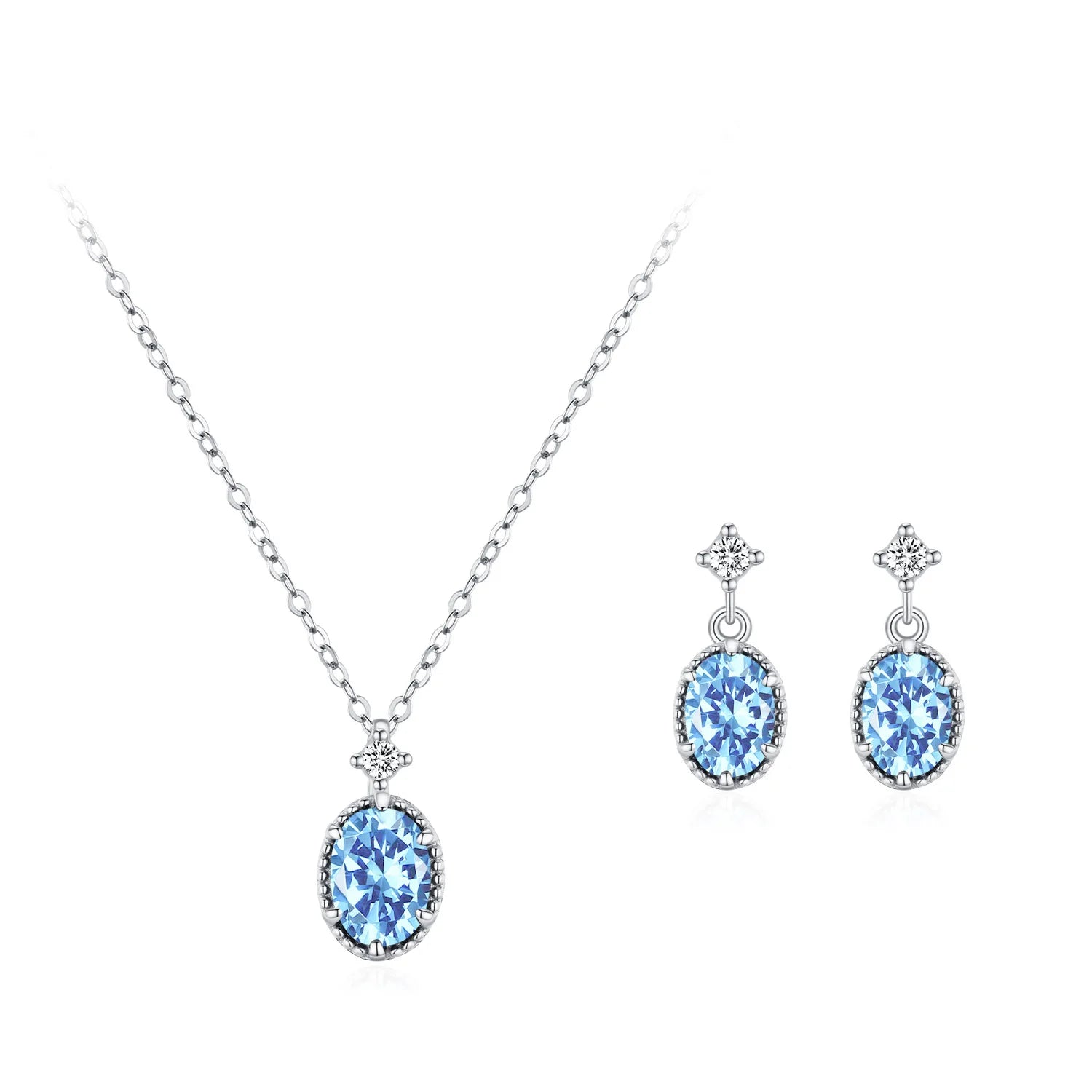 Light Luxury Dreamy Sea Blue Jewelry Set S925 Silver Oval Purple Zirconia Pendant Necklace Earrings 2pcs Set for Birthday Gifts