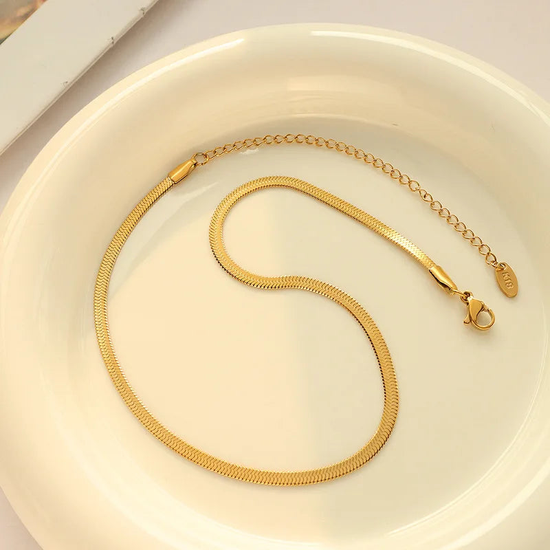 Trendy Women Men 18k Real Gold Flat Herringbone Snake Chain Choker Necklace Silver Stainless Steel Snake Bone Chain Necklace