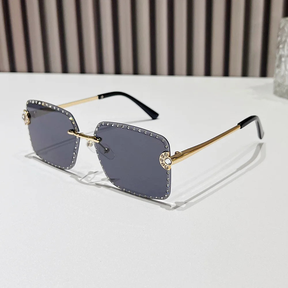2024 New Arrival Metal Frame Rimless Fashion Sport Sun Glasses Gradient Diamond UV400 Vintage Retro Narrow Square Sunglasses