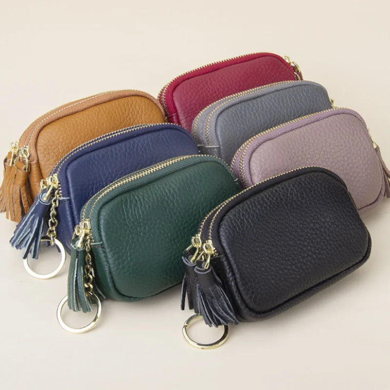 Hot Sale Coin Purse Keychain Pouch Bag Mini Customized Genuine Leather Card Holder Wallet for Women with Zipper