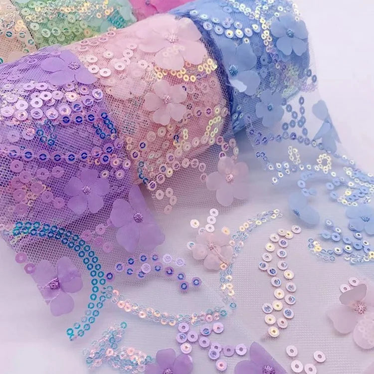 Fashion Hair Garments Accessory 10cm Wide 3d Chiffon Flowers Embroidery Mesh Net Sequined Embroidered Lace Trimming Multi-color