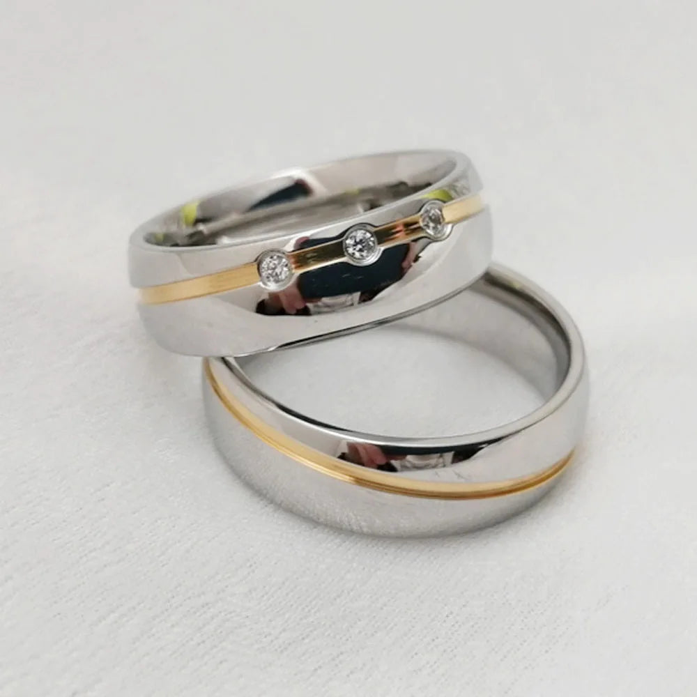 Fashion Boho Stainless Steel Zircon Beads Paved Matching Couple Set Promise Ring Jewelry for Couples