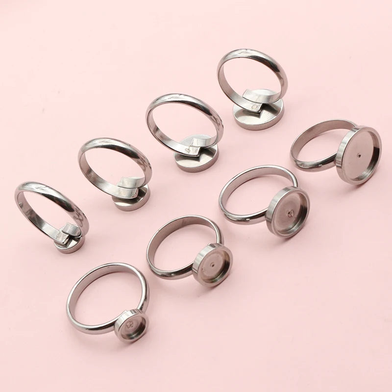 10pcs  6/8/10/12mm No Fade Stainless Steel Adjustable Ring Settings Blank BaseFit 6-12mm Cabochons DIY Rings Bezel Trays