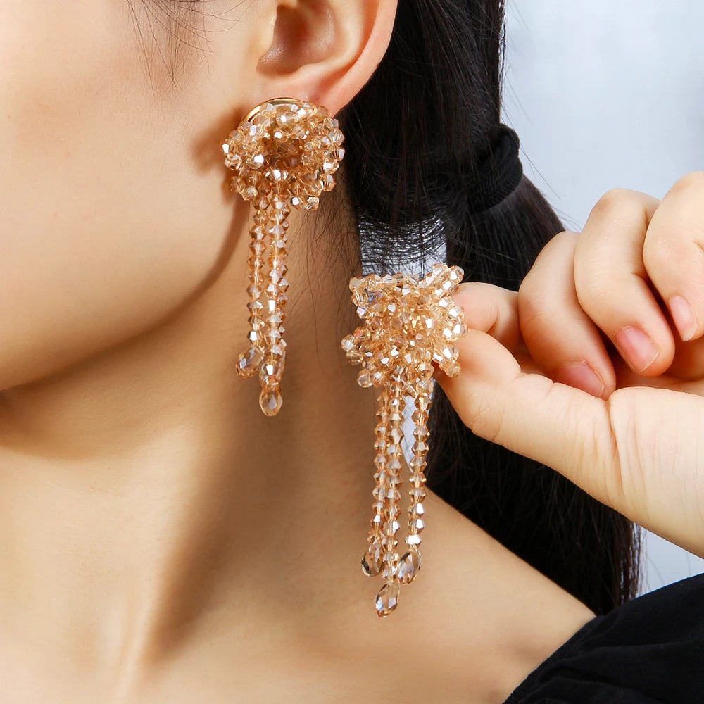 2025 New Bohemian Vacation Style Women's Earrings Multi Color Glass Hand Woven Beaded Flower Tassel Earrings