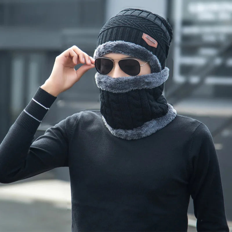 Soft Thicken Wool Ski Hat Men Warm Hats Neck Winter Wool Hat Set Women Men Beanie Knitted Cap Scarf Set