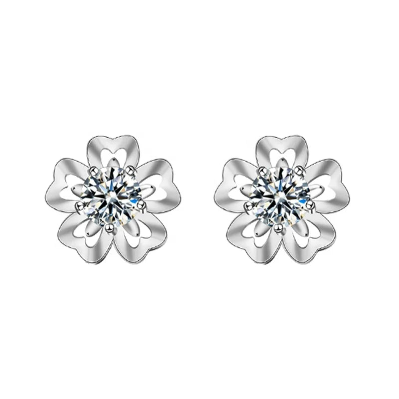 New Moissanite Cherry Blossom Earrings Korean Version Temperament Minimalist Exquisite 925 Sterling Silver Earrings Wholesale