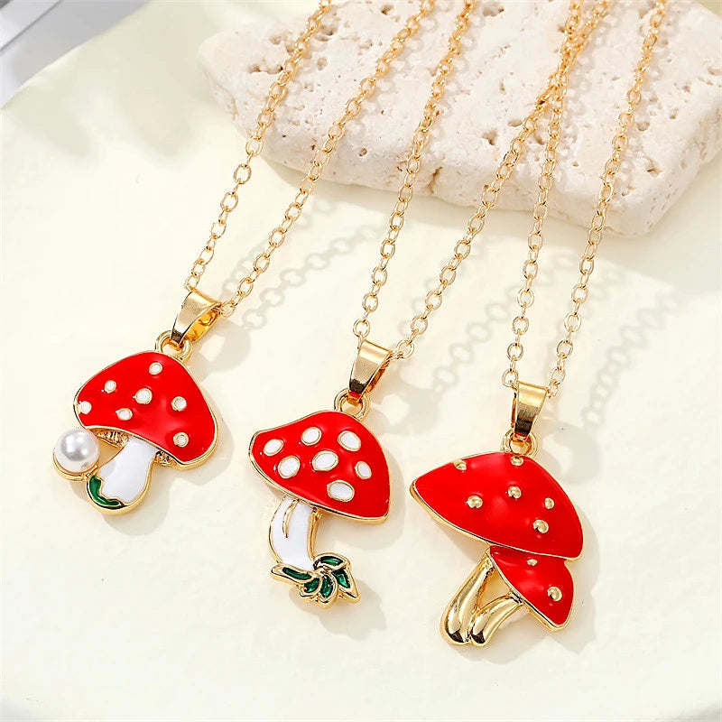 Personality Cartoon Accessories Gifts Trendy Temperament Pearl Necklace Cute Red Mushroom Pendant Necklace Gifts for Women
