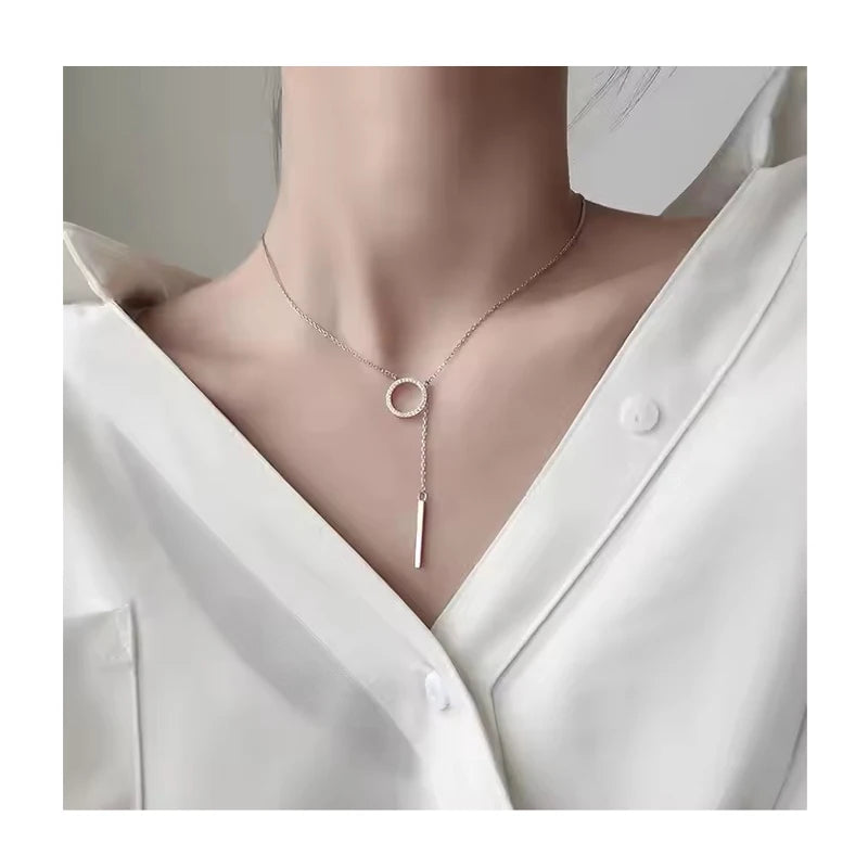 Fashion Minimalist 925 Sterling Silver Sweater Chain Crystal Round Stick Bar Pendant Necklace Collares for Women