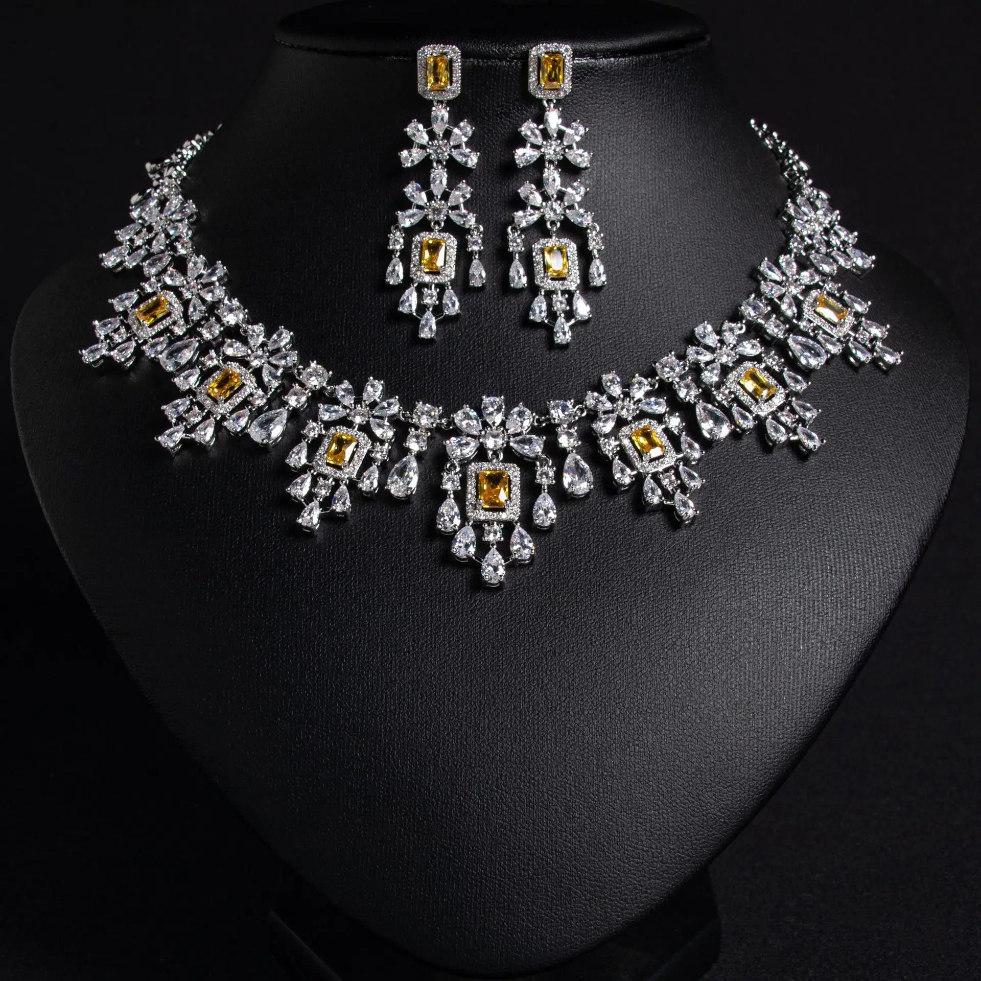 Luxury Women's Fashion Jewelry Set Zircon Tassel Design Rhodium and Rose Gold Plating Alloy Adjustable Size Religious Style