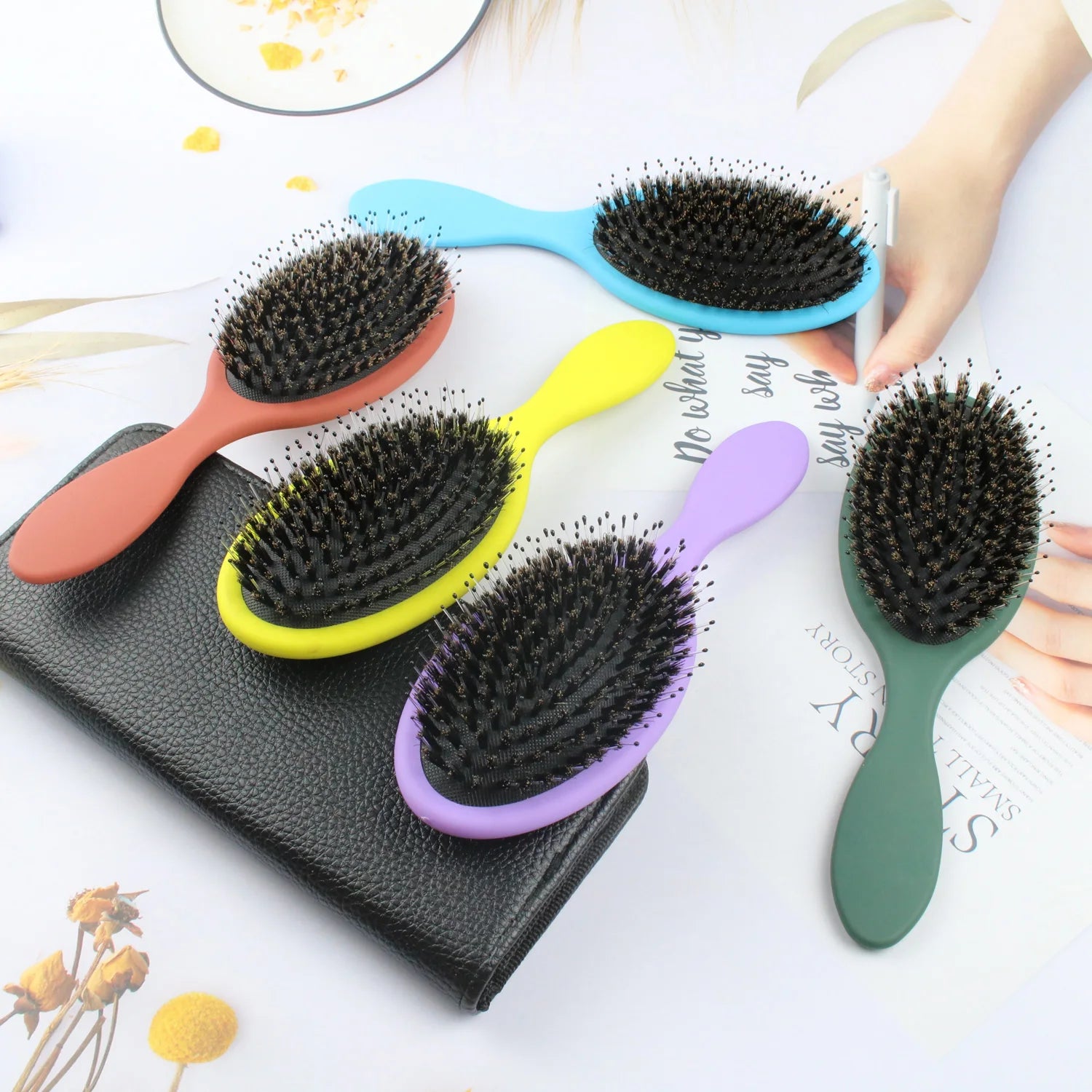 Wholesale Customized Logo Compact Hair Brush Paddle Cushion Nylon Boar Bristle Rubber Detangling Massage ABS