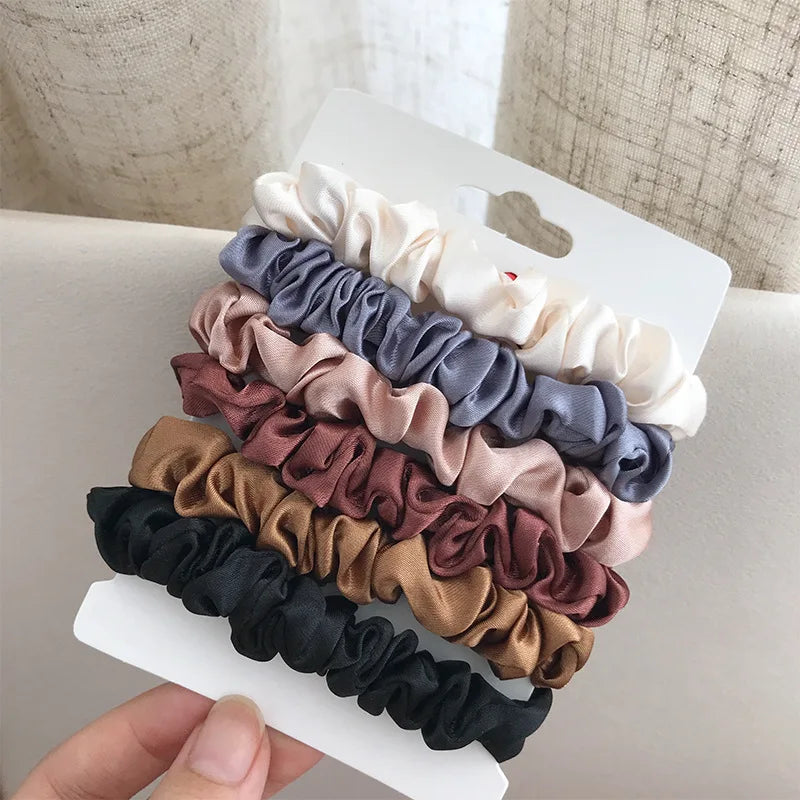ShanHai 6Pcs Silk Scrunchies Set Hair Rope Ponytail Holder Hair Ring Solid  Elastic Hair Circle Rubber Band Accessories