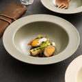 Eco-Friendly Porcelain Reactive Glaze Pasta Plate Wide Rim Deep Bowl Green Brown Professional Hotel Restaurant Fine Dining MegaBDM