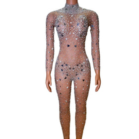 Sexy See Through Pearls Sequin Bodysuits Plus Size Pole Dancer Leotard Bodycon Rompers Women Rhinestone One Piece Jumpsuits