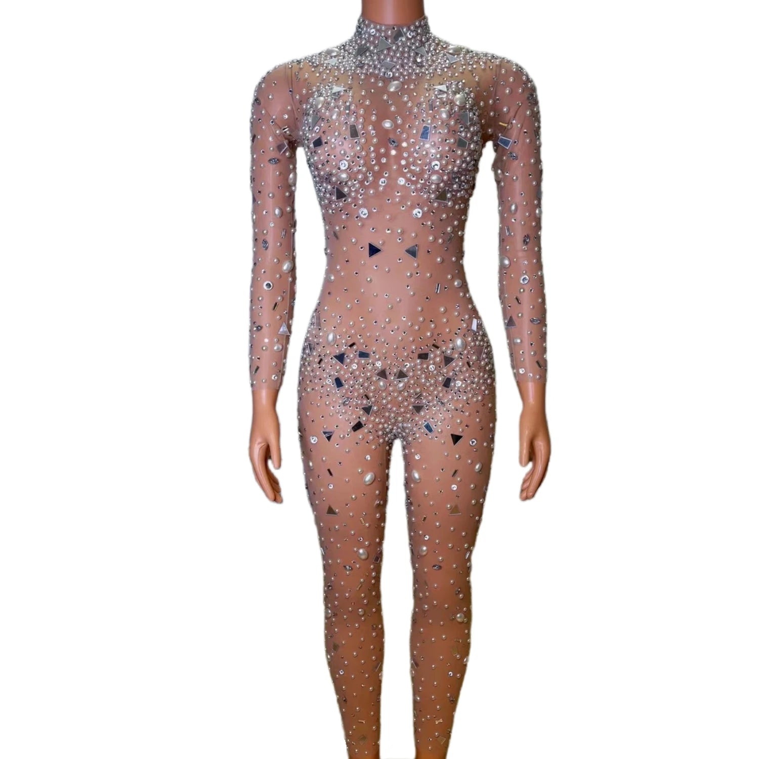 Sexy See Through Pearls Sequin Bodysuits Plus Size Pole Dancer Leotard Bodycon Rompers Women Rhinestone One Piece Jumpsuits