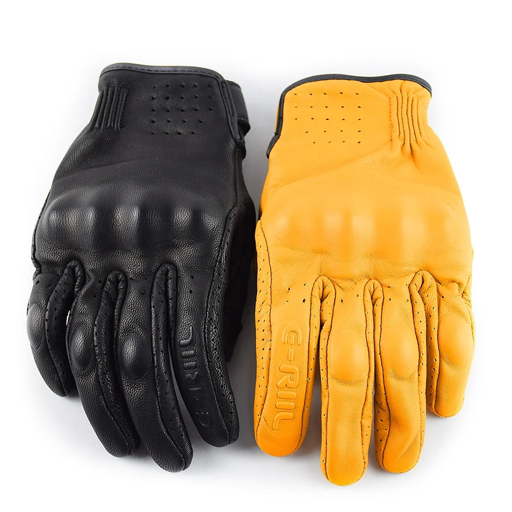 Genuine Leather Retro Motorcycle Gloves Men Touch Screen Motocross Gloves Full Finger Motorbike Vintage Biker Moto Gloves Yellow