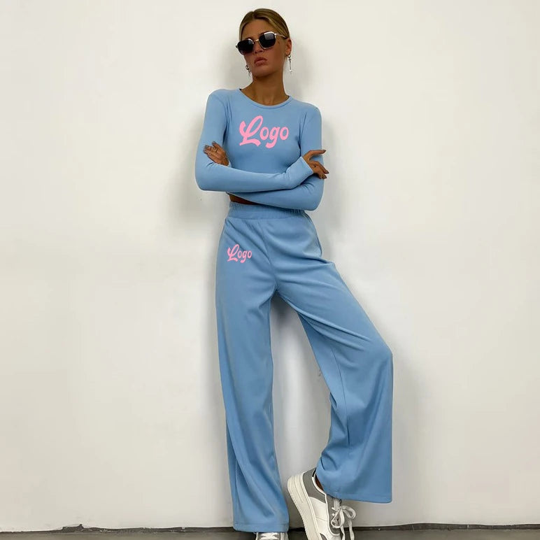 Custom Logo Women Casual Long Sleeve Knitted Tops and Loose Pants Two Piece Sets Gym Yoga Wear for Women Clothing