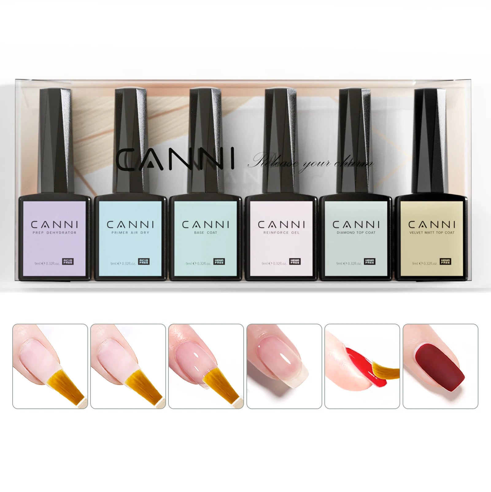 CANNI 6pcs/lot UV GEL Kit Base/top/matt/primer/dehydrator Set Soak off Hema Free Factory Wholesale Price