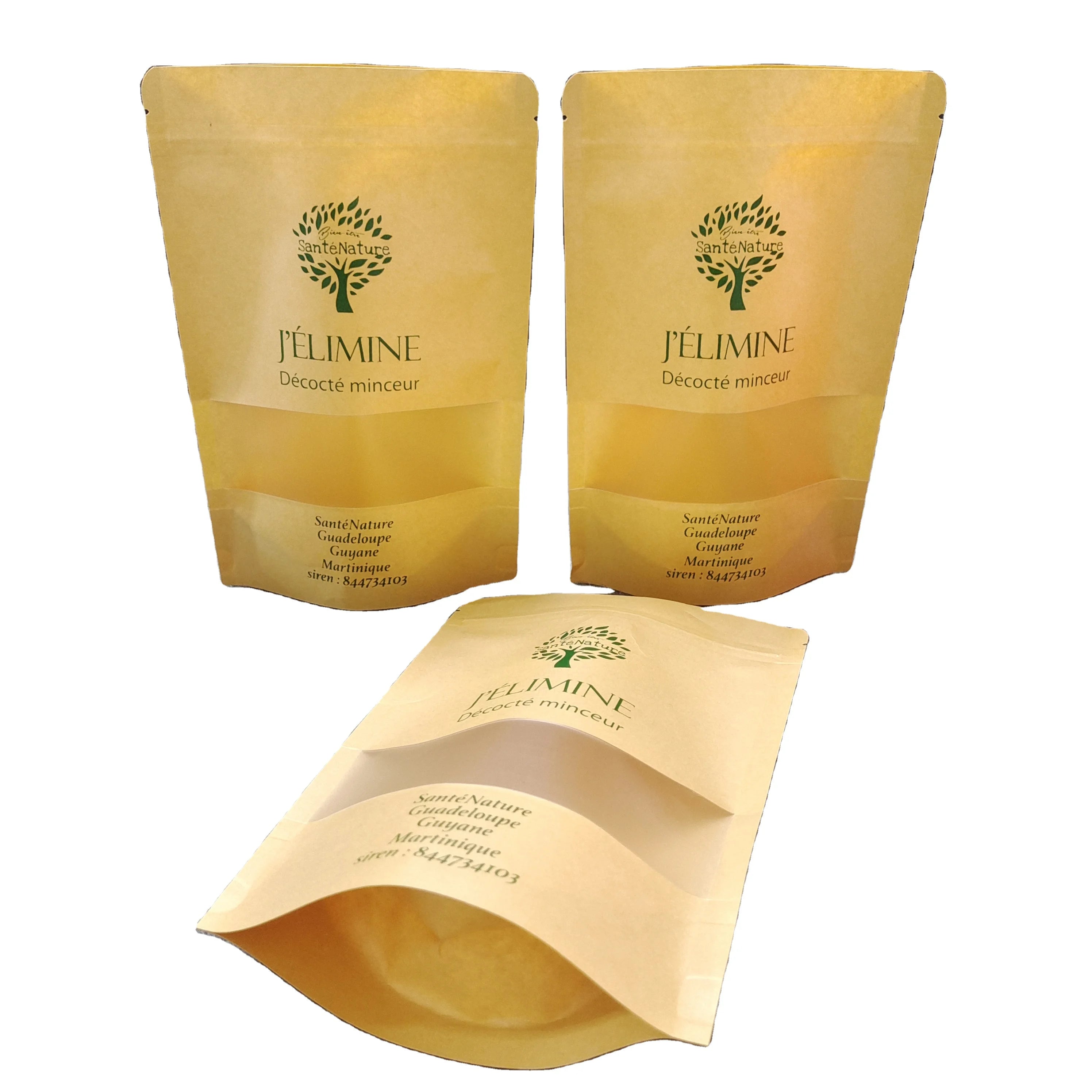 Screen Printing Customized Custom Brown White Kraft Stand up Pouch for Food Packaging Bag with Zipper and Window