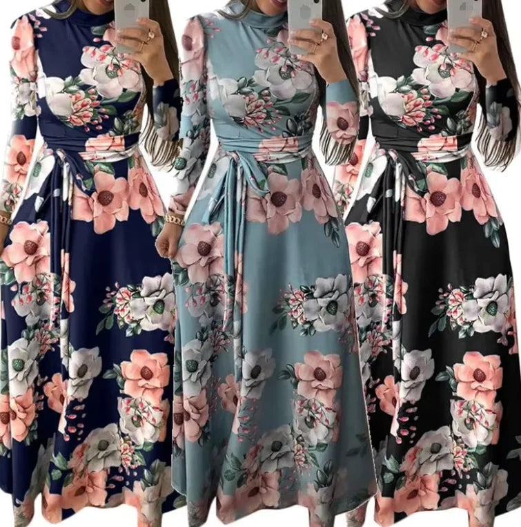 Plus Size Women's Boho Floral Print Maxi Dress Elegant Casual Party Dress with Long Sleeve Turtleneck Vintage Style Breathable