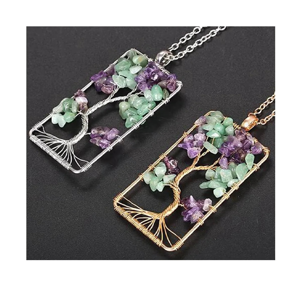 Rectangle Winding Tree of Life Pendant Necklace Handmade Amethyst+Green Aventurine Stones Chakra Jewelry for Women and Men