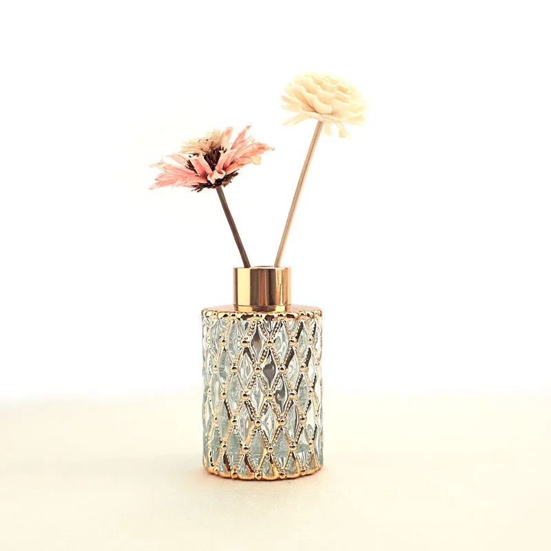 Embossed Design150ml Golden Cylindrical  Aromatherapy Scented Essential Oil Fragrance Reed Diffuser with Gold Lid for Home