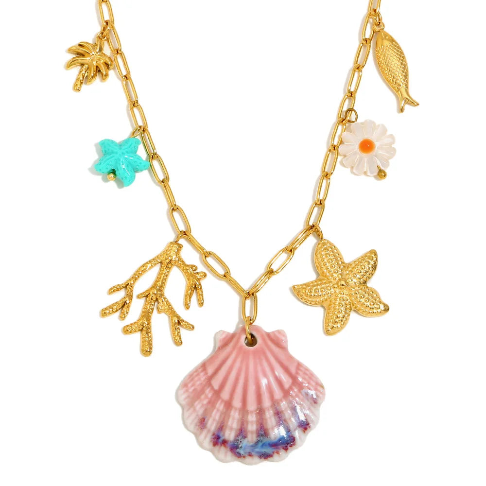 Minimalist Flower Fish Starfish Necklace Paper Clip Chain Necklace PVD 18K Gold Plated Stainless Steel Necklace for Women