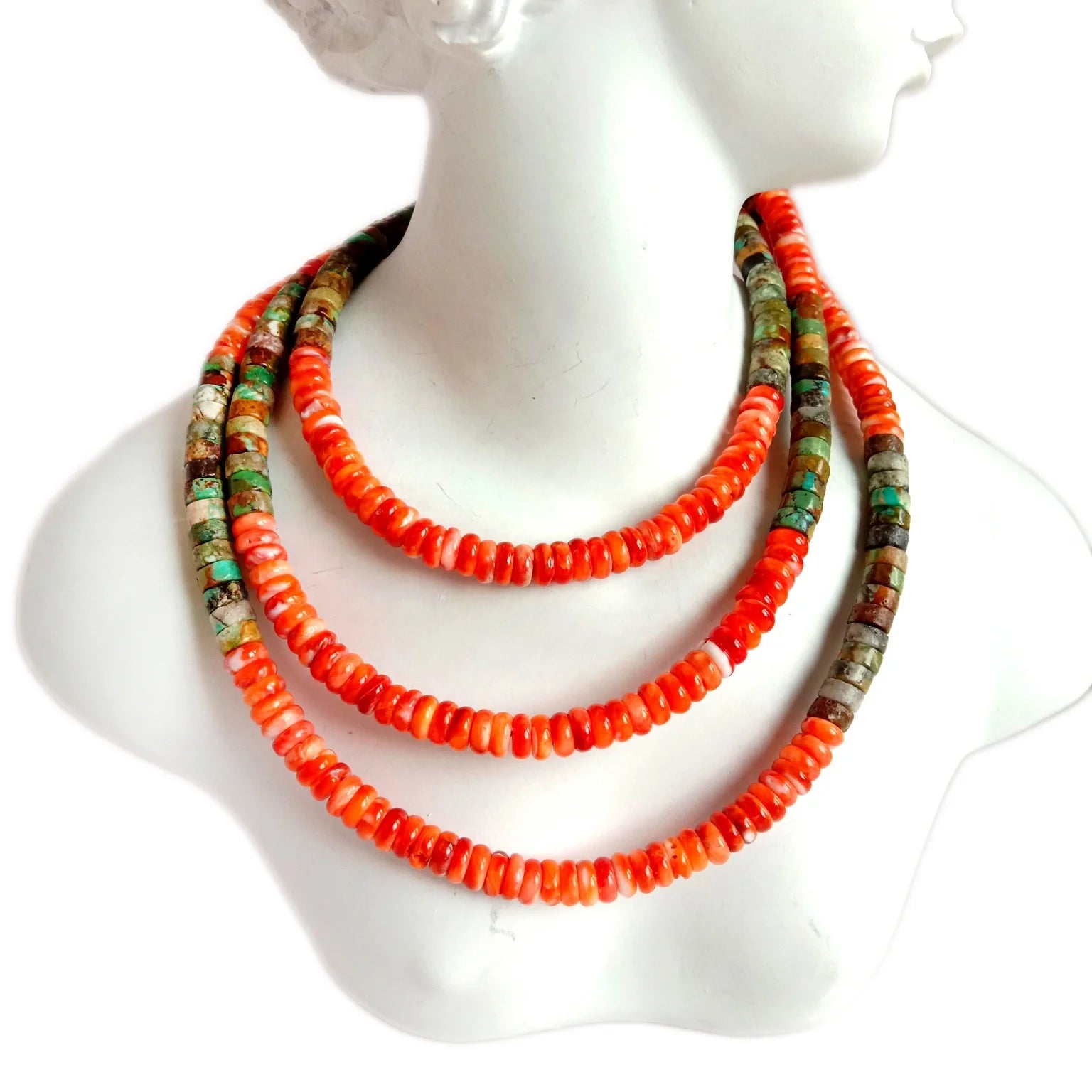 Natural turquoise spiny oyster Beaded Necklace For Men & Women 20Inch three strand Necklace