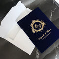 Navy Blue Booklet Invitation Suede Covered Mirror Acrylic Cards With Engraved Text Writing Custom Velvet Hardcover Invitations MegaBDM