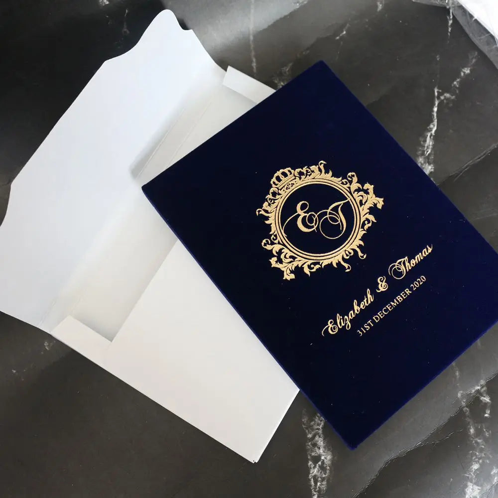 Navy Blue Booklet Invitation Suede Covered Mirror Acrylic Cards With Engraved Text Writing Custom Velvet Hardcover Invitations MegaBDM