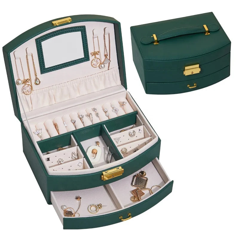 3-Layers Large Mirrored Modern Square Velvet Jewelry Storage Case with Drawer Organizer Box Multipurpose