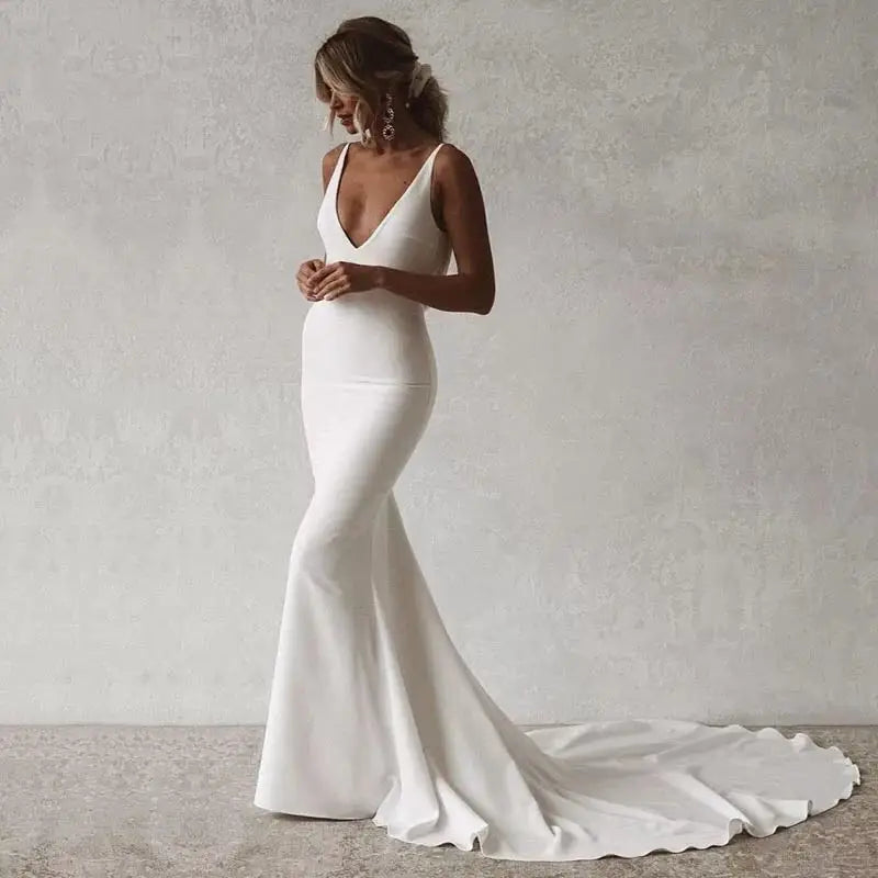 11711#Sexy Deep V-Neck Bohemian Satin Open Back Sweep Train Spaghetti Straps Sleeveless Wedding Dress Wedding Bridal Gown Custom