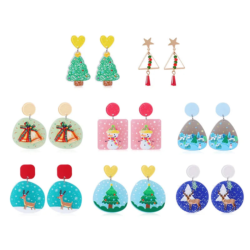 Women Girls Cute Embossed Patterns Bell Reindeer Snowman Tree Acrylic Christmas Earring Xmas Earings