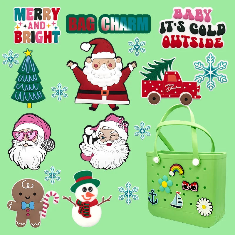 Large Size PVC Tote Beach Bag Charm Custom Christmas Disco Santa Claus and Gingerbread with Sonw Sock Rubber Button Accessory