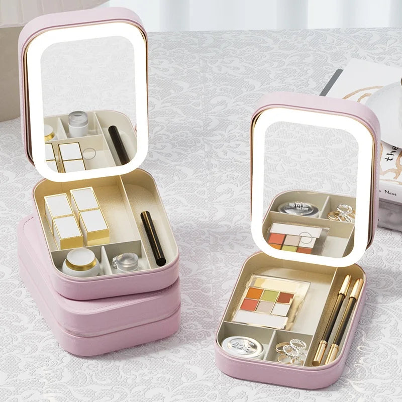 New Design Jewelry Case Large Capacity Travel Fashion Portable Cosmetic Jewelry Box with LED Light Mirror