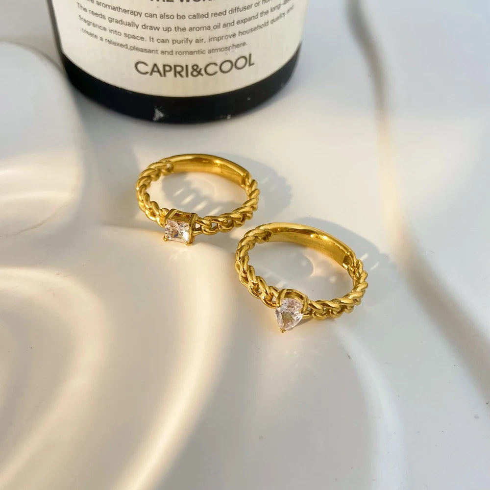 Chain Style Water Droplet Zircon Ring Joyas De Acero Inoxidable Titanium Steel Electroplated 18k Gold Ring