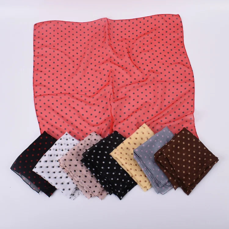 New Retro Style 65*65cm Thin Scarf for Women Wave Spots Soft Smooth Muslin Hijab Scarf Breathable Shawl Ribbon Scarf Hair Tie