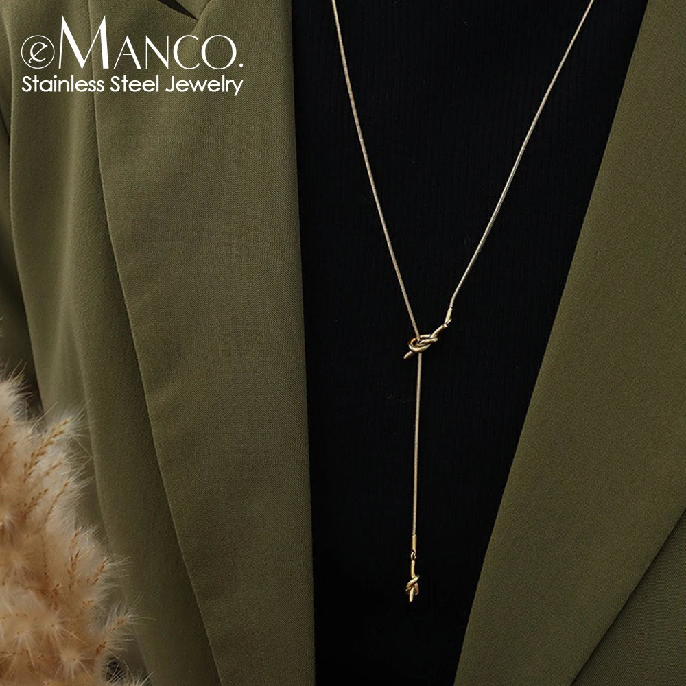 EManco 316 Stainless Steel Y-shaped Collarbone Pendant Long Necklace Irregular Cross Knotted Snake Chain Anniversary Wedding