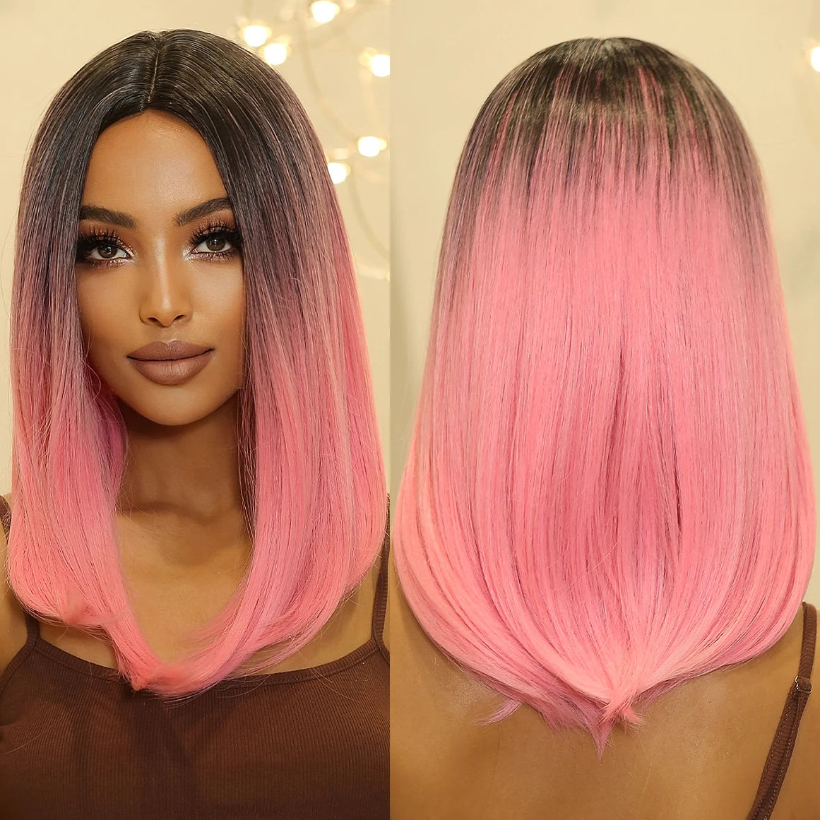 Wholesale Short Straight Pink Synthetic Wigs Dak Root Ombre Shoulder Length Middle Part Hair for Black Women Heat Resistant