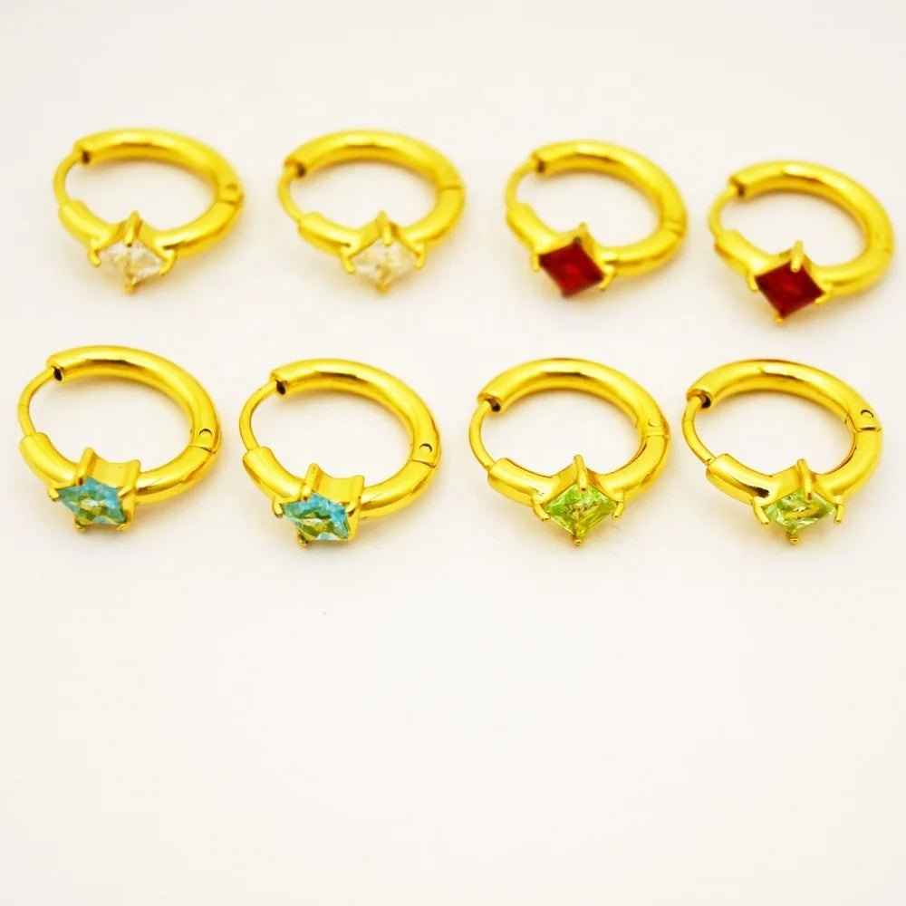 Bulk Aesthetic 18K Gold Plated Stainless Steel Hoop Earrings Fine Genuine Ruby Square Zircon Jewelry for Women