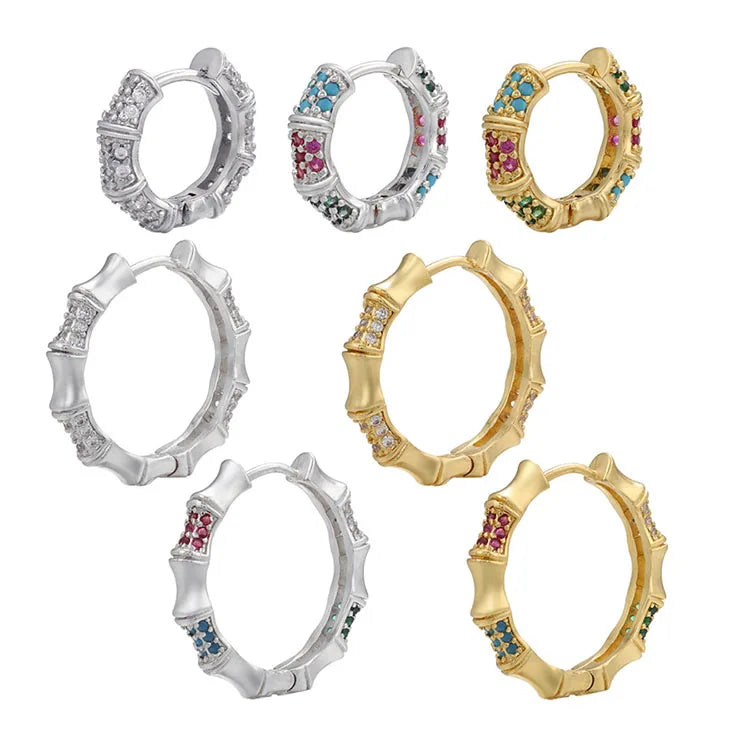 EC1776  Womans Fashion 18K Gold Plated Rainbow CZ Micro Pave Bamboo Joint Hoops Earrings