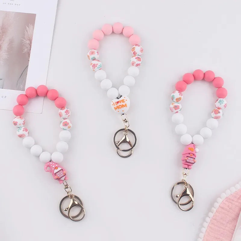 Cartoon Style Silicone Bead Keychain Teacher Nurse Gift Key Ring Holder Wristlet Car Purse Backpack Bag Ornament for Mother's