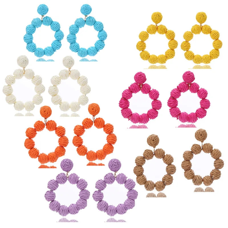 New Bohemian Lovely Geometric Braided Rattan Straw Beads Beaded Hoop Drop Earrings Woven Handmade for Women Earring Supplies