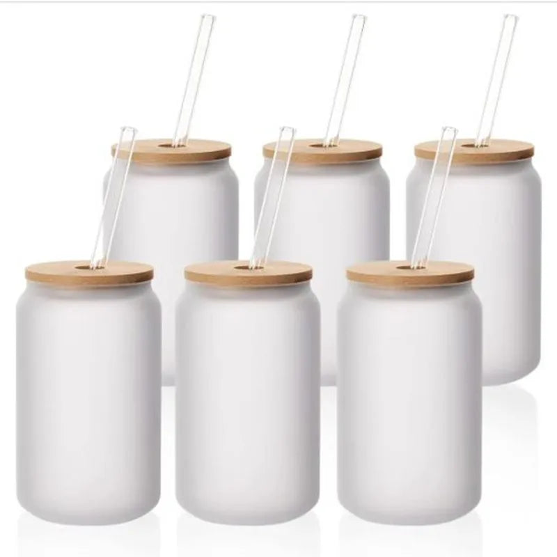 DIY Sublimation Glass 16oz Ice Coffee Glass With Bamboo Lid and Straw Water Cup Cocktail Glasses for Outing Travel Cup