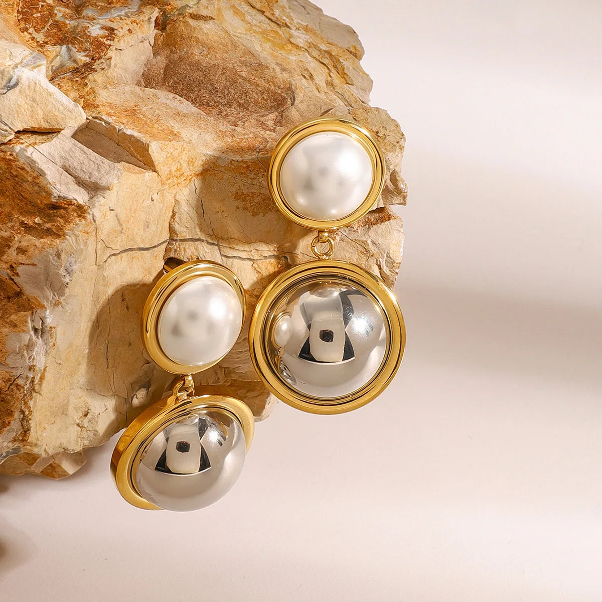 French Design Statement Jewelry 18k Gold-Silver Stainless Steel Two Tone Faux Pearl Hoop Earrings Gold Plated