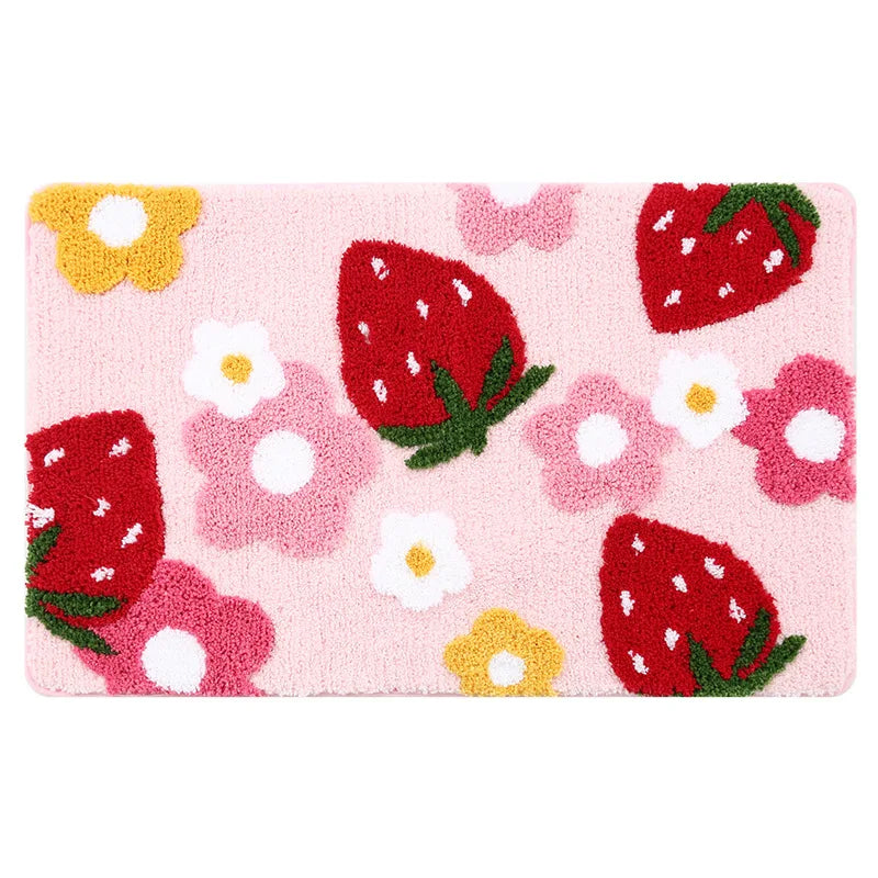 Custom Strawberry Printed Microfiber Cushioned Non-Slip Floor Mat Cute Bedroom/Living Room Mat for Young Girls and Hotel Use