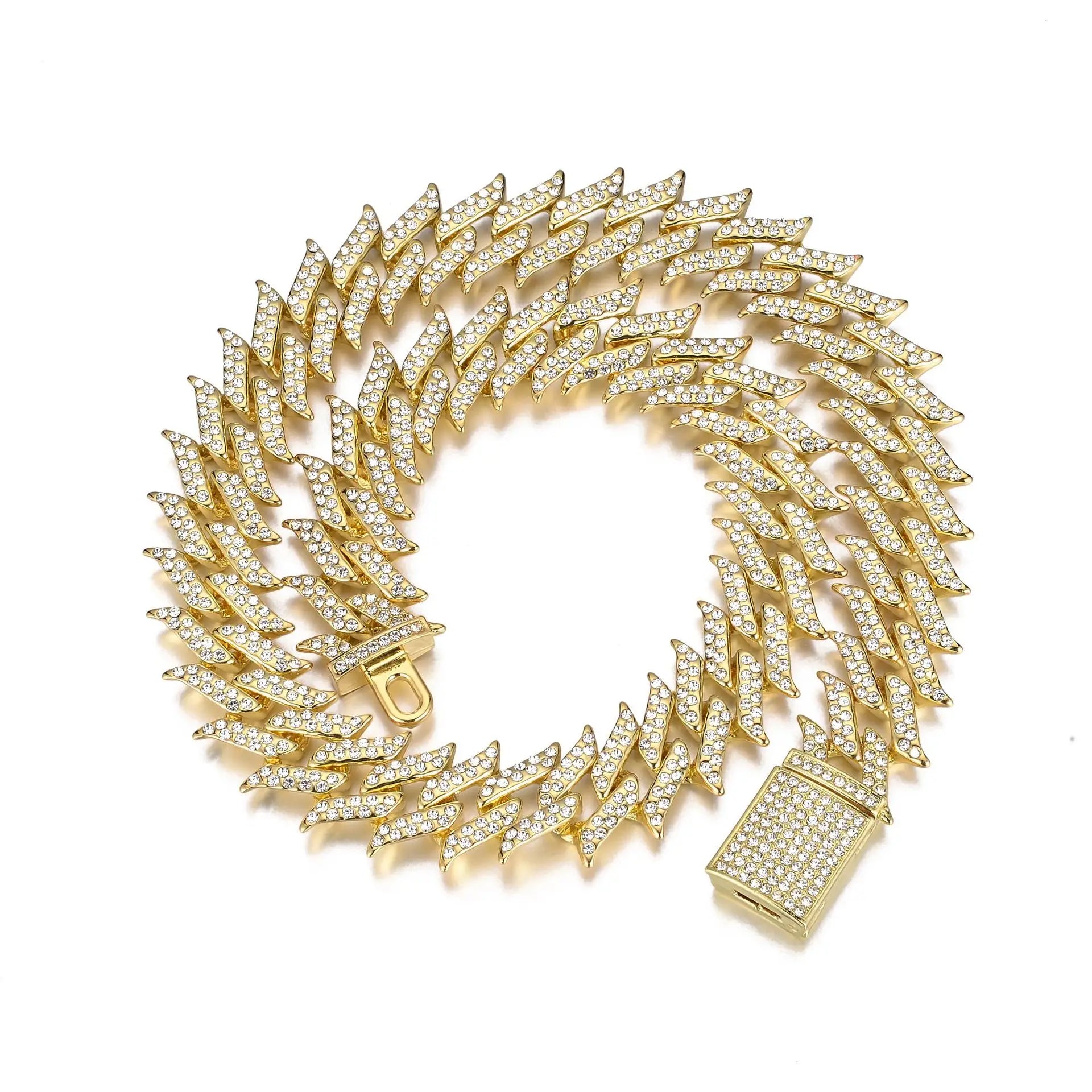 Fashion Men's Hiphop Rap Jewelry Chunky 19mm Alloy Two Rows Iced Out Crystal Thorns Gold Silver Cuban Chain Necklace Bracelets