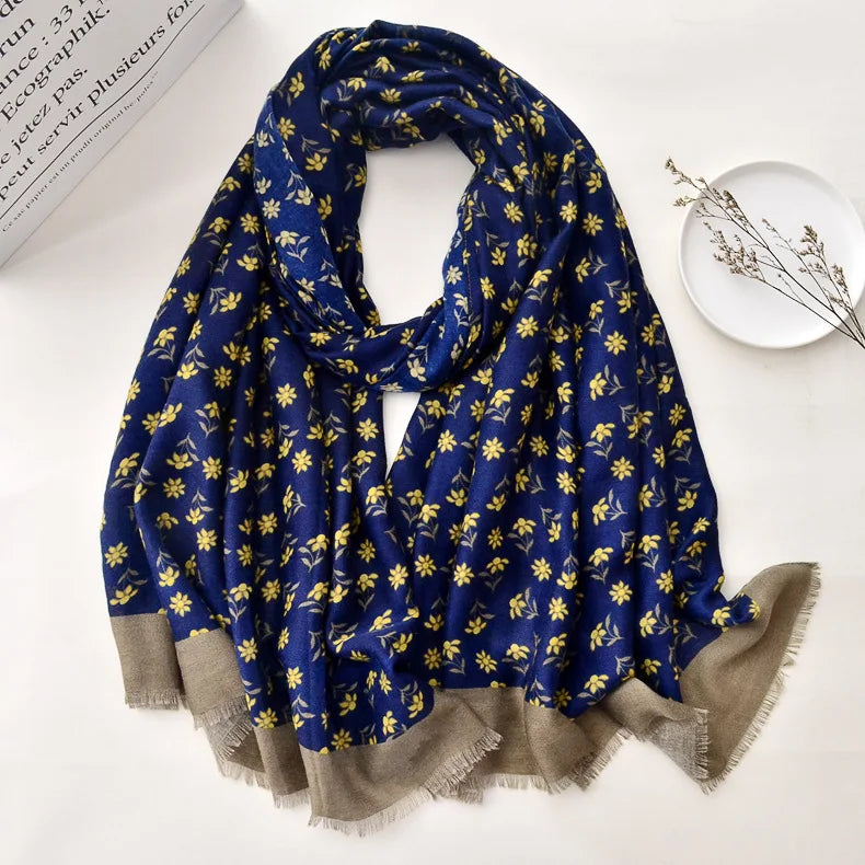 Spain Luxury Brand Patchwork Floral Tassel Viscose Scarf Women Print Shawls and Wraps Pashmina Stole Muslim Hijab 180*90Cm