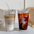 Ins Korea Cartoon Glass Straw Cup Skating Rabbit and Pig Glass Water Cup