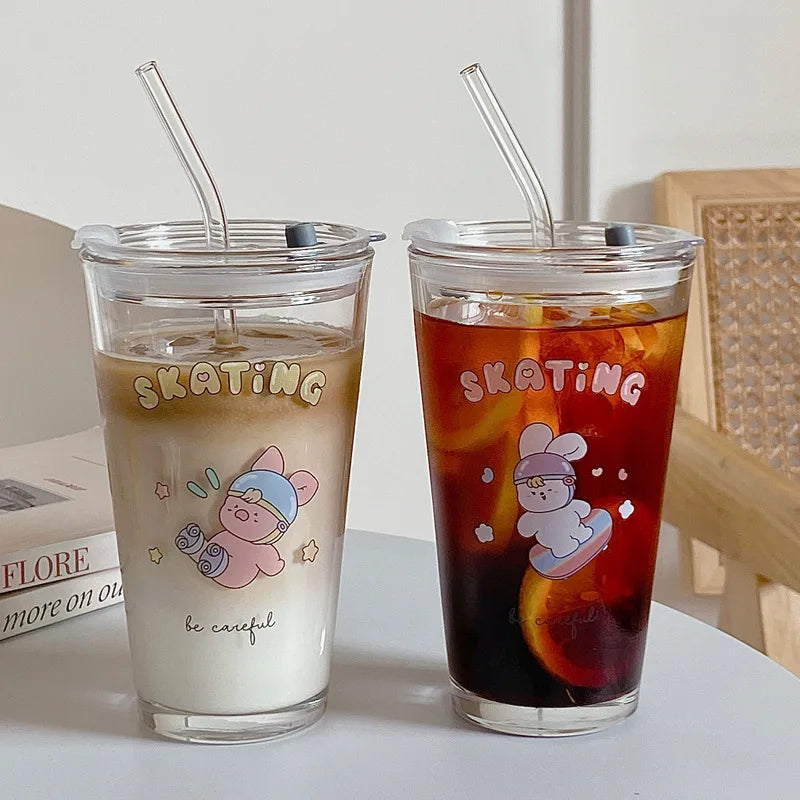 Ins Korea Cartoon Glass Straw Cup Skating Rabbit and Pig Glass Water Cup